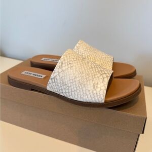 Steve Madden Cream Snake-Print Slide Sandals with Brown Footbed